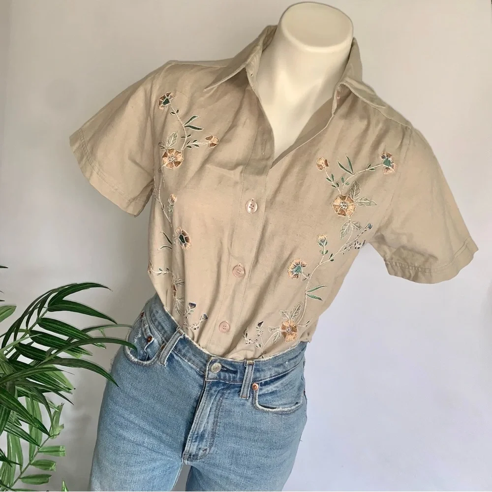 Vintage Beige Embroidered Button-Up Blouse